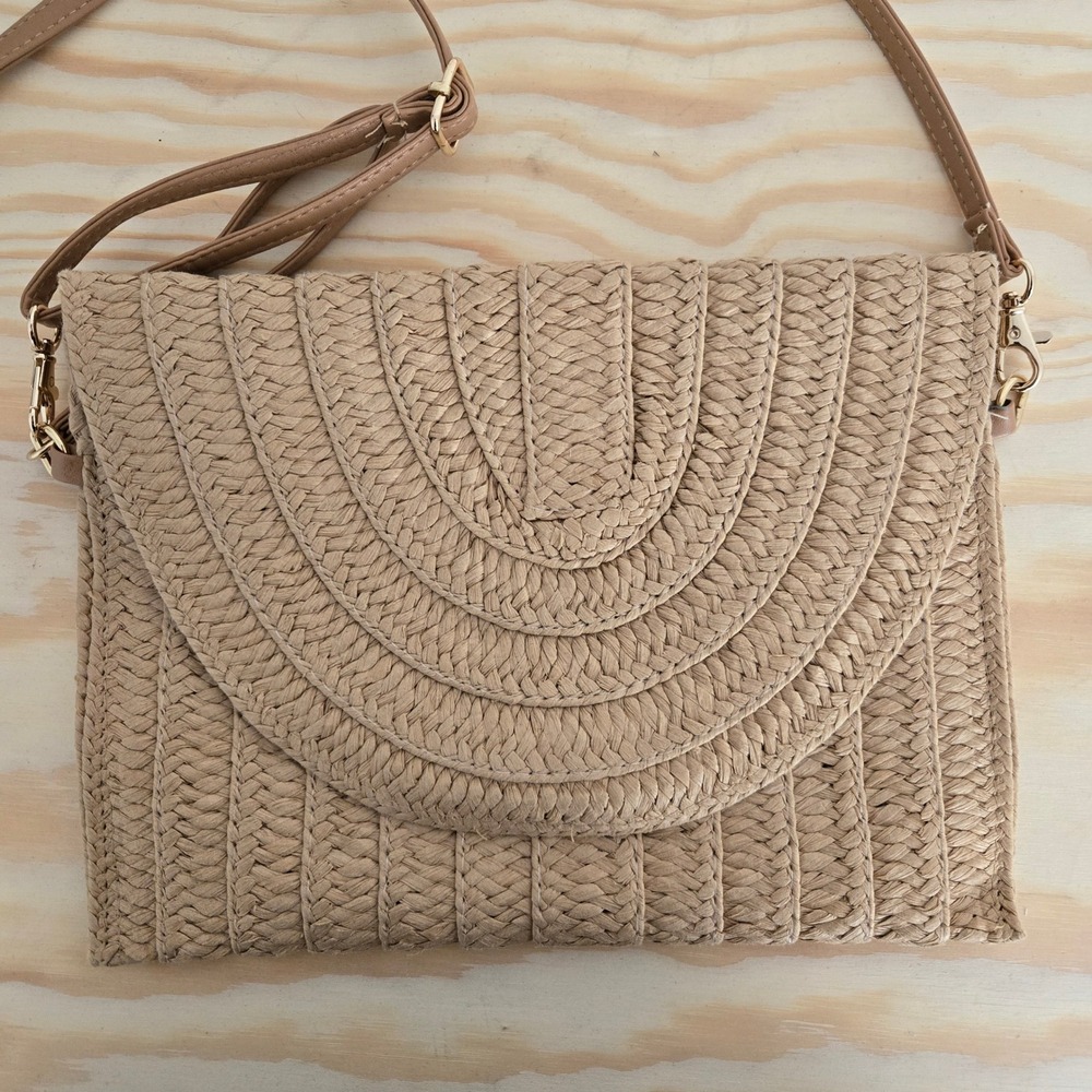 Straw Woven Crossbody Bag Clutch Beige Magnetic Closure Purse Handbag - Picture 2 of 8